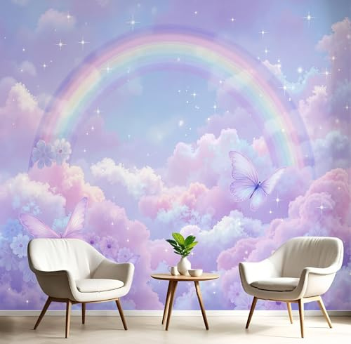 DACRWEKZ Papier Peint Panoramique 3D Soie, 150 x 105 cm Thème fantastique Nuages de papillons arc-en-ciel, Grande Mural, pour Salon, Chambre d'enfant, Chambre Décoration Poster Papier Peint