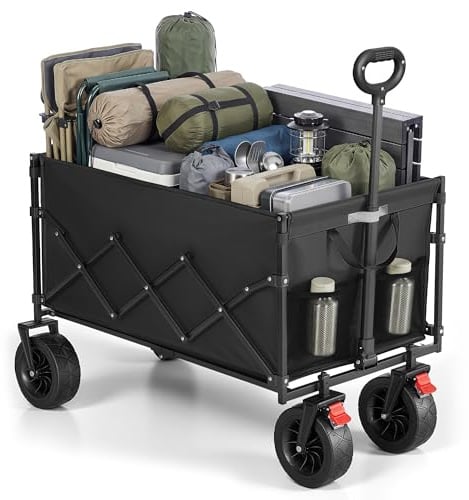 SONGMICS 200L Festival Trolley on Wheels, Foldable Camping Cart Wagon | Folding Wagon, Adjustable Handle, 4 Reinforced Wheels, Loads up to 180 kg, for Garden Shopping Picnic, Ink Black, GFW201B101