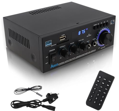 ePathChina AK45 Stereo Audio HiFi Amplifier, 2 Channel Bluetooth 5.0 Stereo Mini Audio Power Amplifier with USB/SD/AUX, RCA & Dual MIC Inputs, 2×60W HiFi Home Theatre, Karaoke, Bass & Treble Control