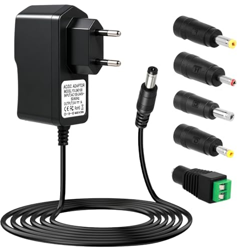 24V 1A Alimentation, 24W Adaptateur Secteur avec 5 Embouts | Transformateur Entrée AC 100-240V 50/60Hz pour Bandes LED CCTV Caméra Routeurs TV Box, Jack 5.5 x 2.1 mm Câble 2m
