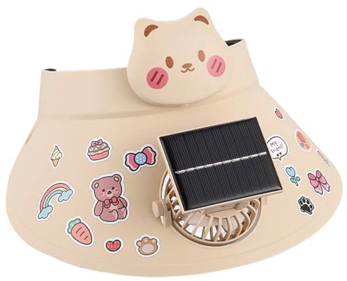 Hat with Fan Wide Brim Solar Kids Sun Visor Hat, USB Rechargeable Cooling Fan Sun Visor Cartoon Empty Top Sun Hat with Stickers for Women Boys Girls, Summer Outdoor for Beach Hiking Travel Khaki