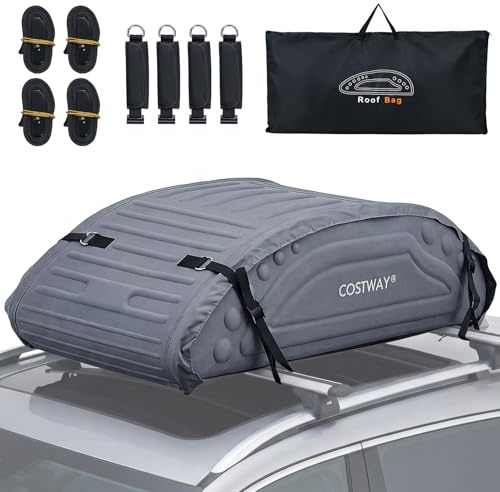 COSTWAY 400L Dachbox Auto, Dachkoffer mit Gurten & Tragetasche, Dachtasche aus Leinenstoff, Gepäcktasche, Gepäckbox, Dachgepäckträger Tasche für Autos, SUV (Grau)