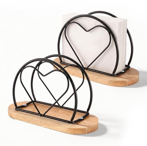 2 Stück Serviettenhalter Schwarz, Herzförmiger Serviettenständer mit Holzsockel Herzförmiger Metal Serviettenspender Herzform Servietten Halterung für Essen Küche Restaurant (15.7 x 10 x 6.7 cm)
