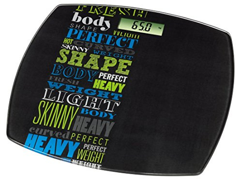 Xavax Digitale Personenwaage Naila (Digitalwaage für Körpergewicht bis 150 kg, Sicherheitsglas, Abschaltautomatik, LCD-Display, Gewichtswaage mit modernen Design) schwarz/grün/blau
