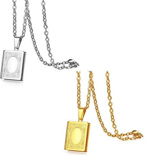 JewelryWe Schmuck 2pcs Edelstahl Foto Medaillon zum Öffnen Photo Bilder Amulett Silber/Gold Quadrat Quadratisch Book Buch Anhänger Halskette Kette für Herren Damen - Kostenlose Gravur