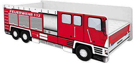 ACMA Kinderbett Auto-Bett Feuerwehr mit Rausfallschutz, Lattenrost und Matratze (140x70)