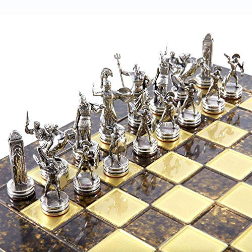 Greek Mythology Chess Set - Brass&Nickel - Brown Chess Board