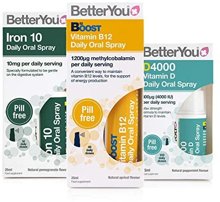 BetterYou Energy Boost Pack: Vitamin B12 + Vitamin DLux4000 + Iron 10 Oral Sprays (3 Pack)