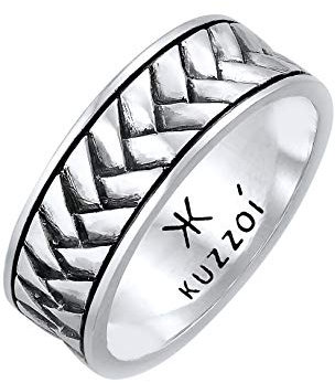 Kuzzoi Herrenring oxidiert, Bandring massiv (7 mm) in 925 Sterling Silber, Vintage Herren Schmuck Accessoire mit Fischgräten Struktur, Markanter Ring für Männer, Ringgröße 66, 0601512921_66