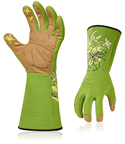 Vgo... Guantes de Jardinería para Mujeres de Cuero Anti-espinas Antipinchazos, Guantes Trabajo Largos Protección de Antebrazo,1 par