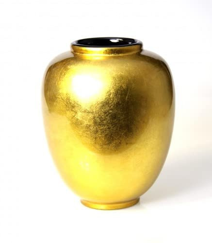 Vaso in legno con vera foglia argento e vernice biotica dorata, 25 cm, realizzato a mano