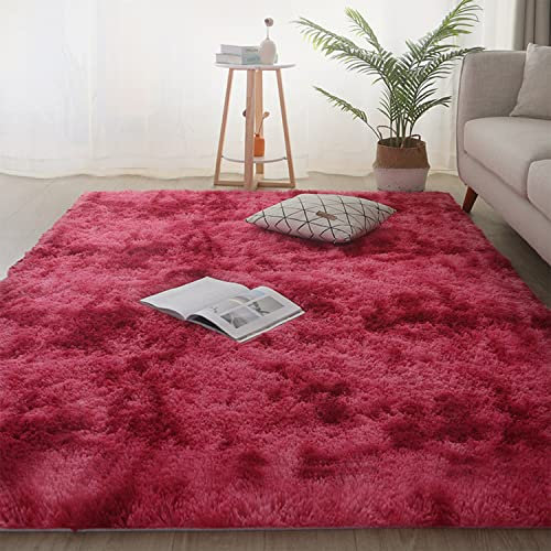 Jyswx Shaggy Teppich für Wohnzimmer – Moderne Langflor Teppiche Schlafzimmer Waschbar – Hochflor Flauschig Teppich für Wohnzimmer, Schlafzimmer, Schlafsaal, Farbe: Dunkelrot, Größe:60 x 120 cm