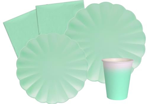 Kit Party Tavola Flower Shape per 24 persone (112 pezzi: 24 piatti Ø23cm, 24 piatti Ø18cm, 24 bicchieri 200ml, 40 tovaglioli 33x33cm) in carta compostabile eco-friendly, verde menta