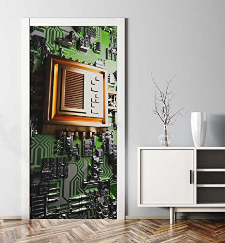 MyMaxxi - Tür bekleben mit Türtapete Türposter Türfolie Selbstklebend 90x200 grüne Computer Platinenplatte - Tür verschönern Türaufkleber Türklebefolie PC Teile BAU CPU grün