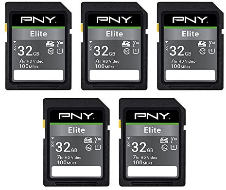 PNY 32GB Elite Class 10 U1 V10 SDHC Flash Memory Card - 100MB/s Read, Class 10, U1 Full HD, UHS-I, Full Size SD (Pack of 5)