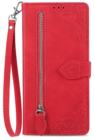 NEXCURIO Custodia a Libro Cover Portafoglio per Apple iPhone 11 Pro Flip Case in Pelle Fiori Donna con Tasca Zip Porta Carte Laccio Supporto Antiurto - Rosso