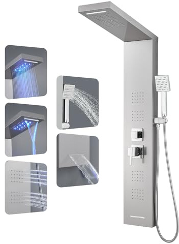 ROVOGO LED Shower Panel Tower System 46.5, 5-Function Shower Column with Rainfall Waterfall Shower Head, 4 Body Jets, Handheld and Tub Spout, Stainless Steel Brushed