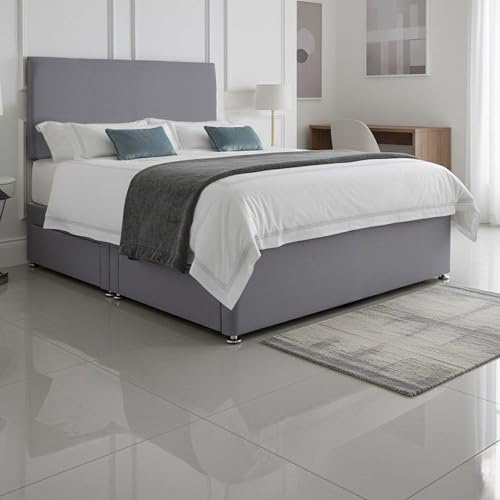 SANA SLEEP Premium Plain Fabric Divan Bed Set With Mattress, 2 Drawers (Same Side) and Headboard 5FT King - Sierra Shark Grey