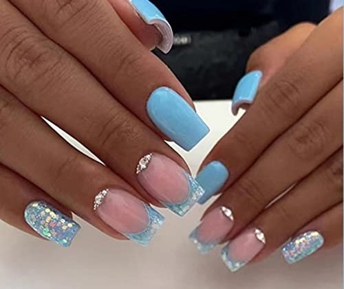 JUSTOTRY 24 Stück Glitzer Press on Nails Eckig Mittel mit Strass,Babyblau French Künstliche Nägel,Schöne Kunstnägel Nägel Zum Aufkleben,Acryl Square Fingernägel Fake Nails Kurz für Frauen