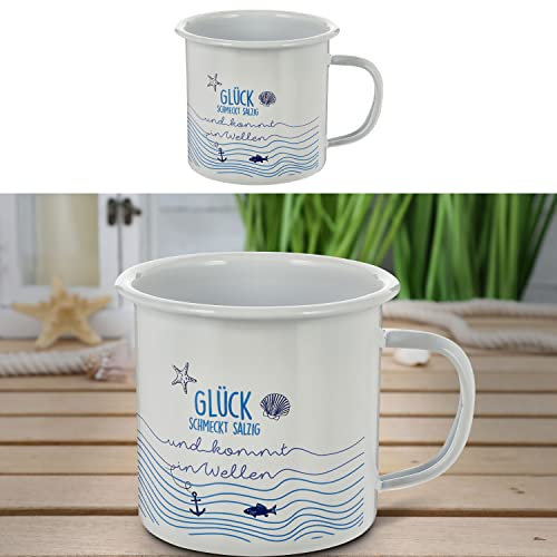Cepewa Kaffeebecher | 13x9x9cm Emaille Eisen Metall weiß 450 ml | Henkelbecher mit Motive (1 x Kaffeebecher Glück)