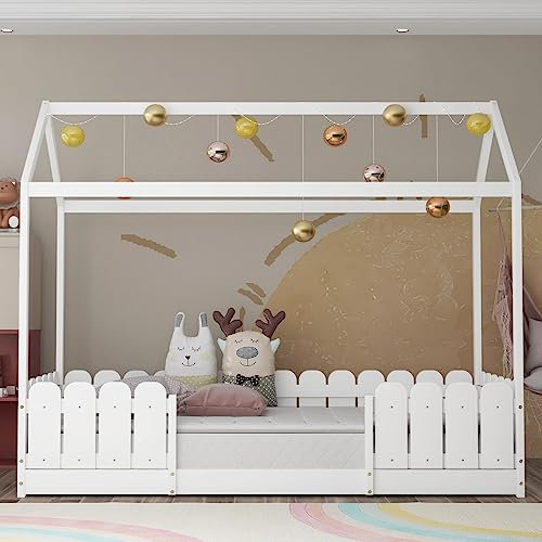 Sweiko Hausbett 90x200 cm,Kinderbett vielseitiges Holz Kinderbett für Jungen Mädchen, Bettrahmen mit Rausfallschutz und Lattenrost, Ohne Matratze (Weiß)