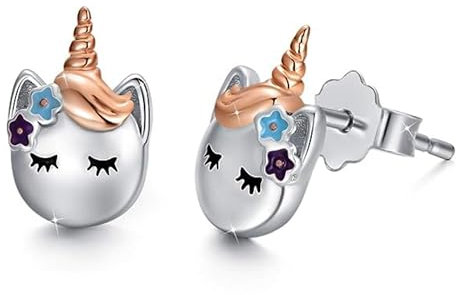 VICKWOOD Einhorn/Schmetterling/Herz Ohrstecker aus 925 Silber in Pink/Gold/Silber Ohrringe mit Zirkonia/Perlmutt für Mädchen (Einhorn_Tiny)