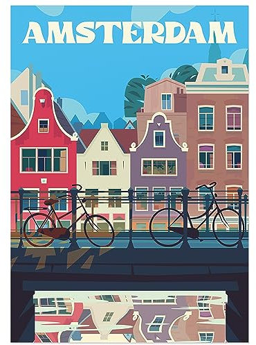 JUNOMI® Amsterdam Poster DIN A2 | Wohnzimmer Deko, Modernes Wandbild, Niederlande Poster, Reiseposter, Amsterdam Wandbild | Ohne Rahmen