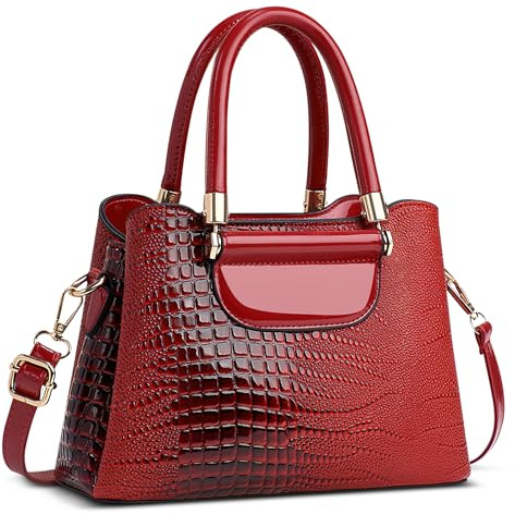 FOLOVEYA Damen Handtasche Mode Krokodilmuster Frauen Henkeltaschen Umhängetasche Elegant Tote Taschen Klein Shopper Schultertasche PU Leder für Arbeiten Reisen Dating mit Viele Taschen Rot