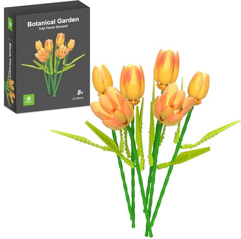ZONECYTD Flower Bouquet Building Toy Set Tulips, Botanical Building Blocks for Adults Home Office Decor Orange Color