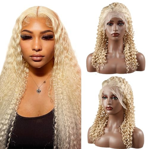 Hxxcoup Wig Human Hair Echthaar Perücke Curly Wig 13x4 Transparent Lace Frontal Wig Blonde Perücke Echthaar 613 Perücke Damen Brazilian Remy Virgin Hair Wig Curly Wave Hair No Tangle 32 Zoll