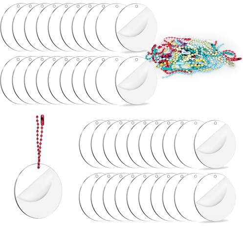 40 Stück Acrylscheibe Rund mit Loch Mit 40 Ketten, Klare Acrylplatten | Runde Acrylscheibe, Acryl Rohlinge Scheiben Transparente für DIY Bildrahmen Gemälde Handwerk Display Projekte(50x2mm)