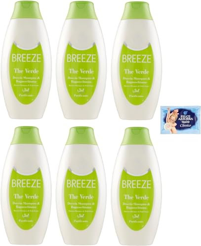 6 x BREEZE The Green Duschshampoo und Duschgel, reinigt Körper und Haar effektiv, 400 ml + 1 Beutel Talkum Felce Azzurra 100 g