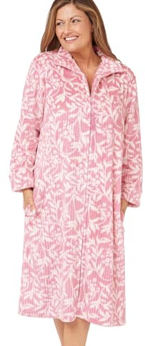 Marlon Womens Serena Zip Front Embossed Fleece Housecoat Zip Up Bath Robe, Pink, M