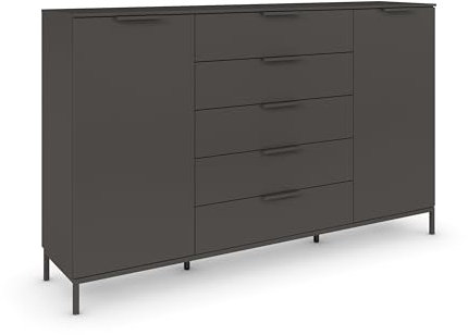 Rauch Möbel Flipp, Kombikommode, Kommode mit Stauraum für Wohnzimmer, Schlafzimmer, Flur, 4 Fachböden, mit Metallkufe Graphit, Graphit, Schwarz, 2-türig, 5 Schubladen, Griffe Graphit, 180x111x42cm