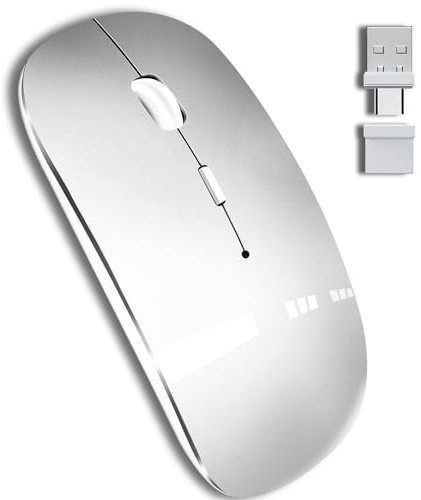QYFP Bluetooth Wireless Mouse for MacBook Air Mac Pro Laptop Computer iPad PC Optical Rechargeable Silent Mice with Dual Mode Switch Mouse Bluetooth 5.2/3.0 and 2.4GHz USB Type-C Receiver,Silver