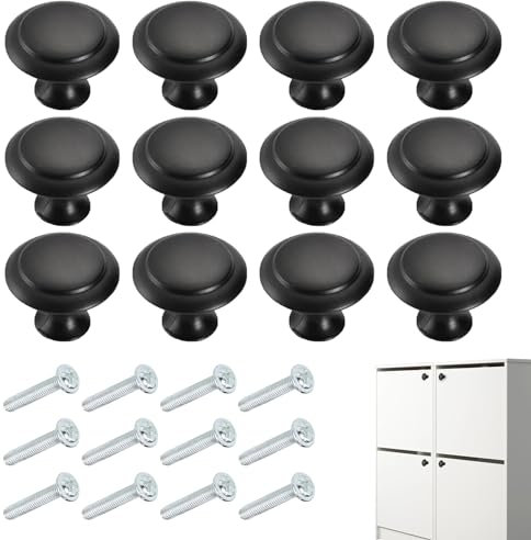 Nersgers Drawer Knobs 12 Pcs Black Door Knobs,30mm Retro Matte Round Black Knobs with 12 Screws,Suitable for Kitchen Cabinets Drawers Wardrobes Shoe Cabinet Doors Single Hole