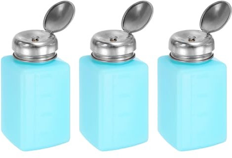 sourcing map 3pcs Solvent Alcohol Dispenser 200ml(6.8oz) Press Type ESD Safe Anti-Splash Liquid Dispenser Pump with Sealing Stainless Steel Lid for Acetone Cleanser, Polish Remover, Blue