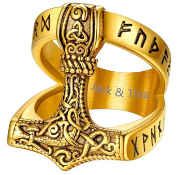 Supcare Herren Ring Edelstahl Thors Hammer Ring Viking Rune Fingerring Rock Siegelring mit Keltischer Knot Bandring Gravur Vintage Mjölnir Statement Ring Gold Personalisiert Modeschmuck für Jahrestag