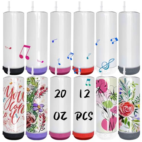 Lilsofee 12 Pack 20 OZ Sublimation Blank Tumblers Bulk Stainless Steels Double Vacuum Bluetooth Speaker Music Insulated Tumbler with Lid and Straw Heat Transfer Cup Multicolor