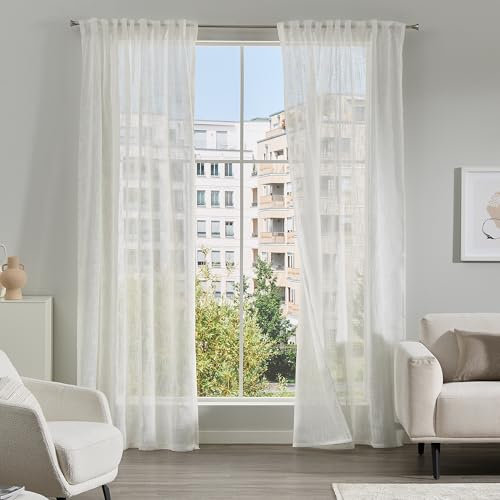 Como Gardinen 2er Set Vorhänge Leinenoptik Weiß 245 x 140 cm - Halbtransparente, lichtdurchlässige Schlaufenschals aus Polyester für Wohnzimmer, Kinderzimmer, Schlafzimmer, Büro