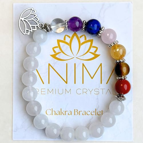 Anima Premium 7 Chakra Armband – 8mm Echte Heilsteine und Kristalle für Balance, Energie und Fülle - enthält Lotusblume und energetisierter Kraftkarte