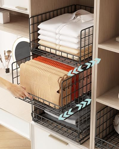 UMDONX 3 Pack Wardrobe Storage Organiser Pull out Drawer Clothing Basket Rack - Cupboard Sliding Stackable Box Shelf Unit for Cabinet Closet Bedroom Laundry (Durable Matel Black)