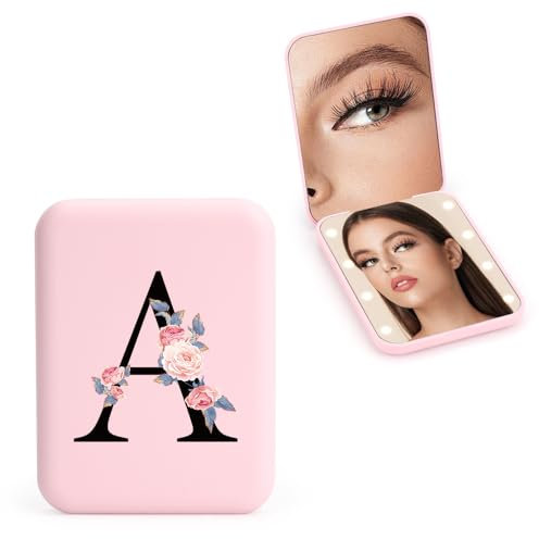 Personalisierter 1X/3X Reisespiegel mit Lichtern, LED Kompaktspiegel, Mini Schminkspiegel, Faltbarer Tragbarer Handspiegel, Initialen Taschenspiegel, Mädchen Freundin Lehrerin (A)