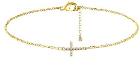 FDEETY 18K Gold Mini Kreuz Armband Edelstahlkette Kupfer mit Zirkonia Umweltfreundliches Kupfer Micro Zirkonia Kreuz Armband Empfohlenes Geschenk Sehr Low Profile