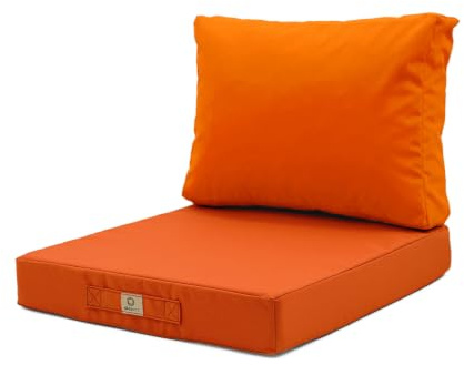 Deco Arts Sitzkissen Outdoor mit abnehmbarem Bezug, Sitzfläche 50x50x8 cm Plus Rückenkissen 50x35 cm, für Gartenstuhl, Balkon und Terrasse, Orange