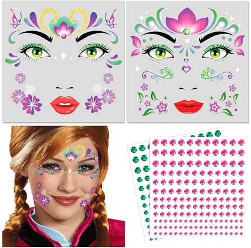 DPKOW Gesichtstattoo Eiskönigin Prinzessin Anna Kostüm Mädchen Temporäre Tattoos mit Glitzersteine, Face Tattoo Schminke für Karneval Frozen