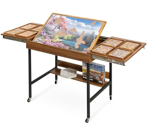 Becko US 2 in 1 Jigsaw Puzzle Table with 8 Sorting Trays, Foldaway & 3 Tilted Angle for Adjusted Height, Universal Wheels for Moves, Shelf Rack for Storage, 30 * 20.1 in for Puzzles Up to 1000 Pieces