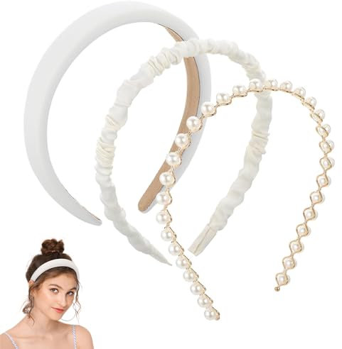 ASOMI Lot de 3 bandeaux pour femmes et filles - Bandeau de perles blanches - Bandeau large antidérapant pour femme - Bandeau rembourré tendance