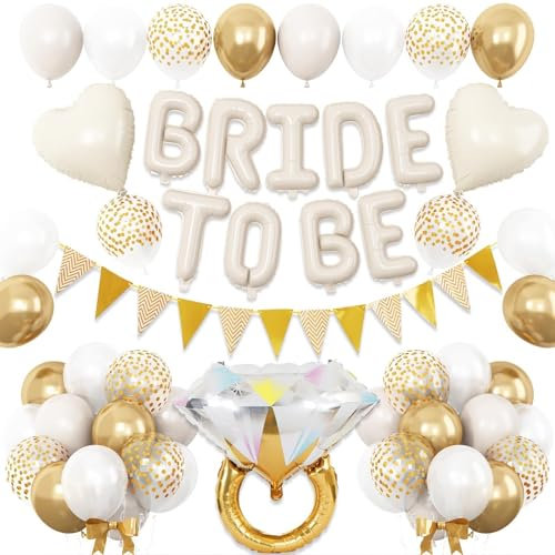 Sand White Bachelorette Party Decorations, Nude White Bride To Be Bridal Shower Balloons Decorations, White and Gold Balloons with Diamond Ring Cream Heart Balloons for Bachelorette Engagement Wedding