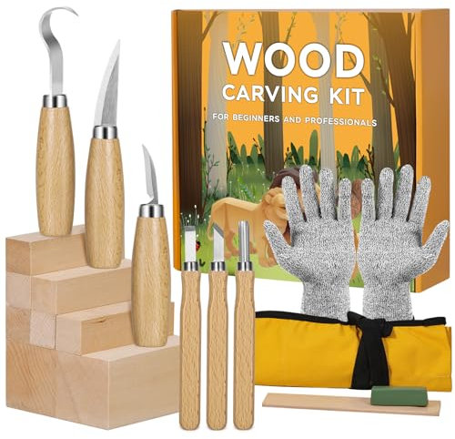 Wood Carving Tools Kit, 18 in 1 Wood Whittling Kits, Chip Carving Tools Set, with 8 Basswood Carving Blocks, 6 Whittling Tools, Gloves, Sharpener, Roll Canvas Bag, Wood Carving Set for Adult Beginners